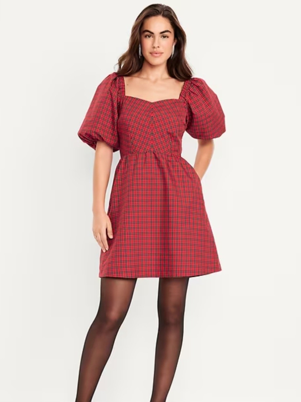 Old Navy Red Plaid Puff-Sleeve Mini Dress